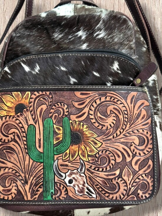 Myra Bag Leather Hair-on-Cowhide Backpack Tooled Hide Western Boho Cowgirl main image 5